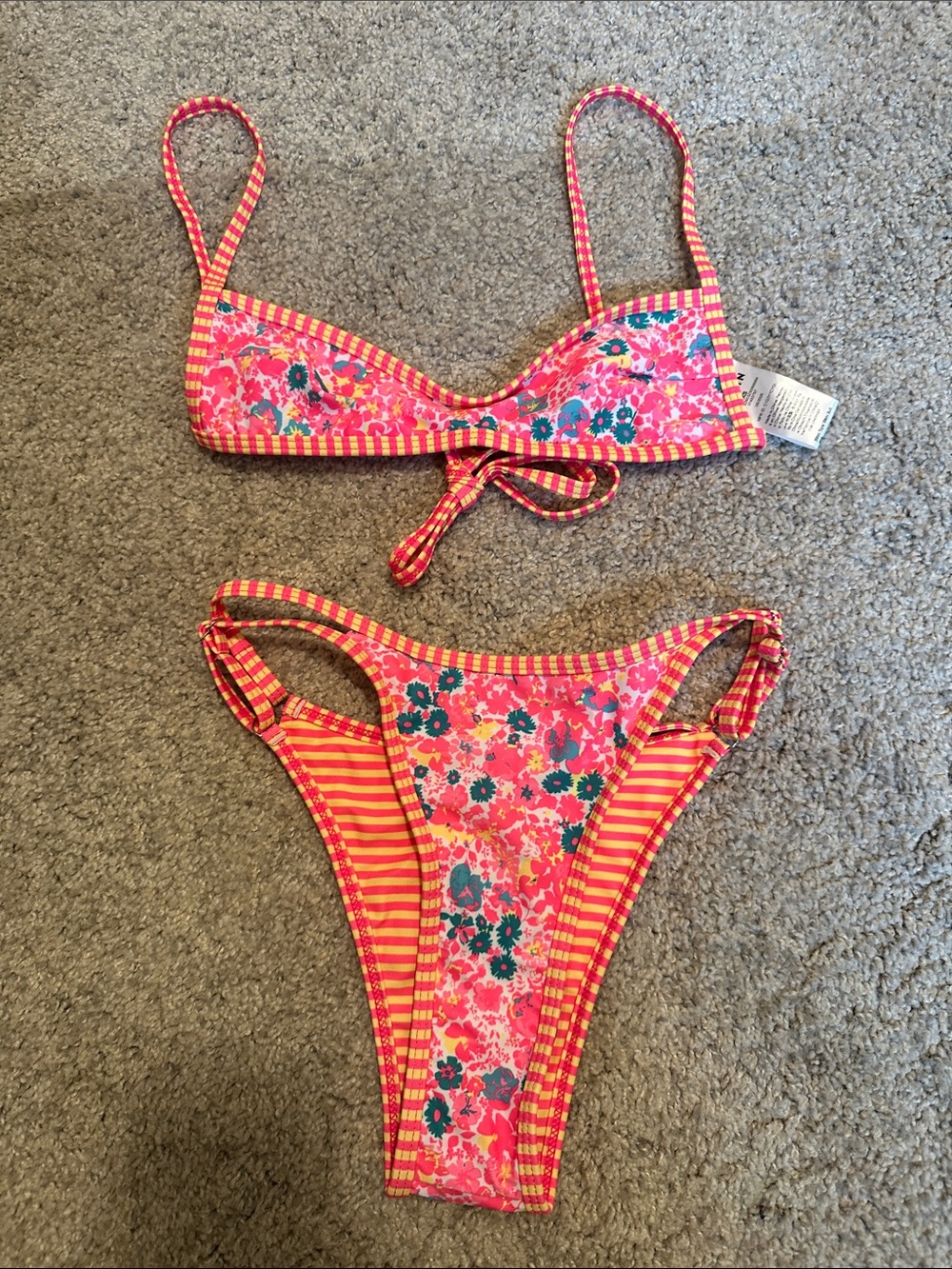 NWOT SHEIN Pink Floral Stripe Tie-Front Bikini Set